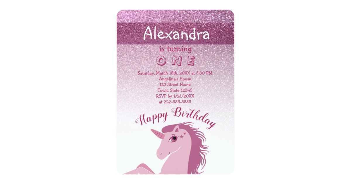 1st Birthday Unicorn Pink Glitter Invitation Zazzle Com