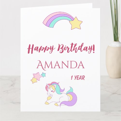 1st birthday unicorn pink white cute card