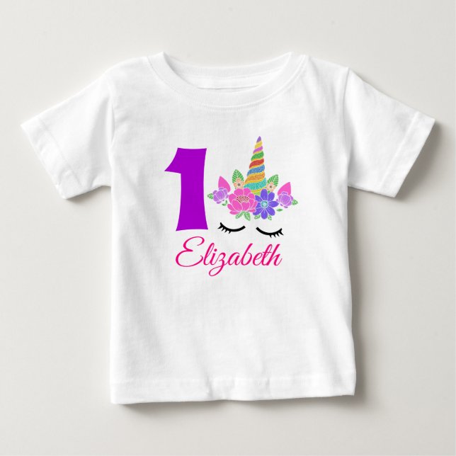 1st Birthday Unicorn Themed Baby T-Shirt (Front)