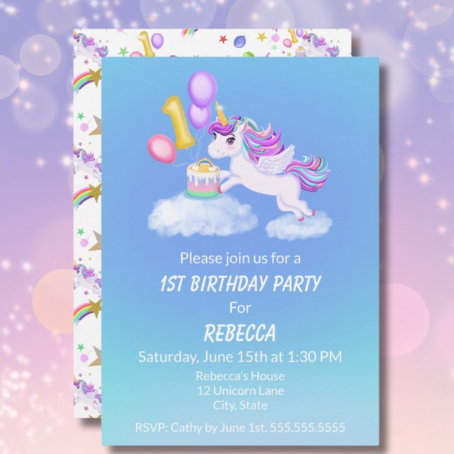 1st Birthday Unicorn With Cake Invitation (Creator Uploaded)