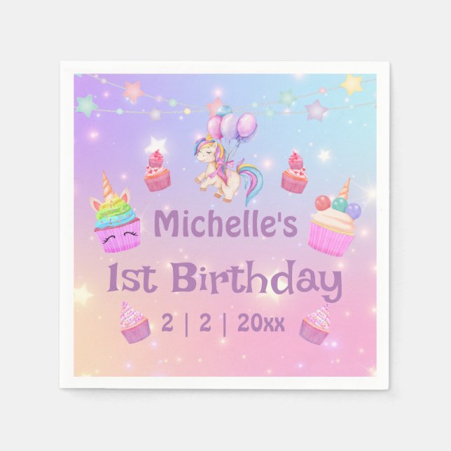1st birthday unicorns cupcakes girly fun napkins (Front)