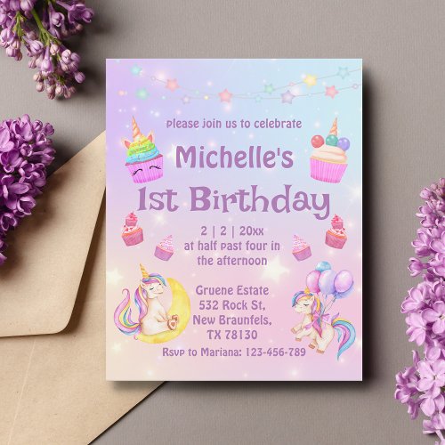 1st birthday  unicorns cupcakes girly invitation