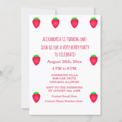 1st Birthday Very Berry Cute Strawberry Party Girl Invitation