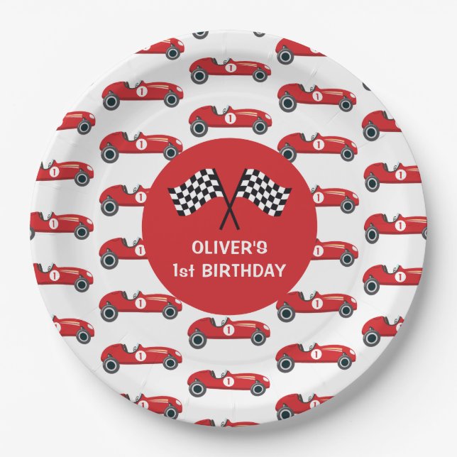 1st Birthday Vintage Racing Car Party  Paper Plates (Front)