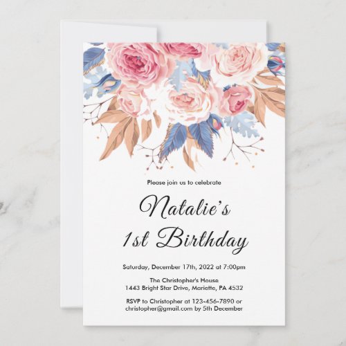1st Birthday Watercolor Botanical Floral Flowers Invitation