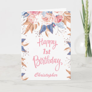 1st Birthday Watercolor Botanical Pink Floral Card