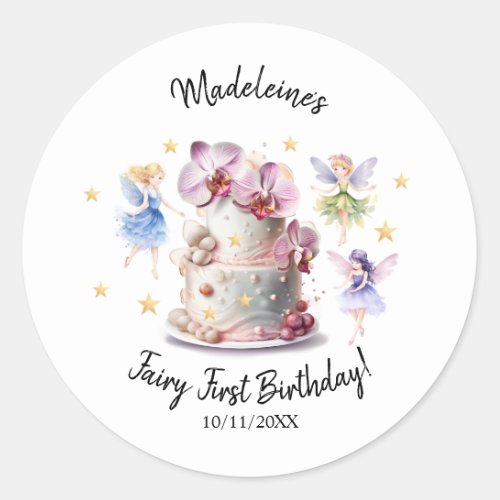 1st Birthday Watercolor Cake Dancing Fairies Classic Round Sticker