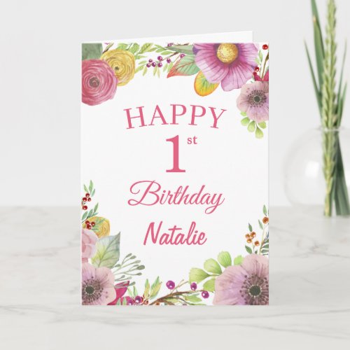 1st Birthday Watercolor Floral Flowers Pink Card