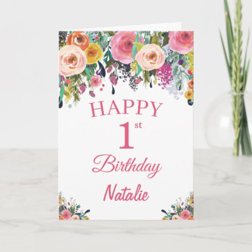 1st Birthday Watercolor Floral Flowers Pink Card