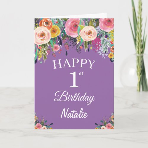 1st Birthday Watercolor Floral Flowers Purple Card