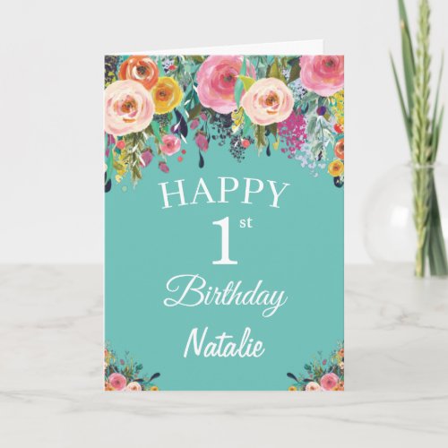 1st Birthday Watercolor Floral Flowers Teal Card