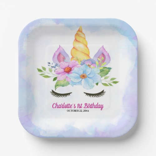 1st Birthday Watercolor Floral Magical Unicorn Paper Plates