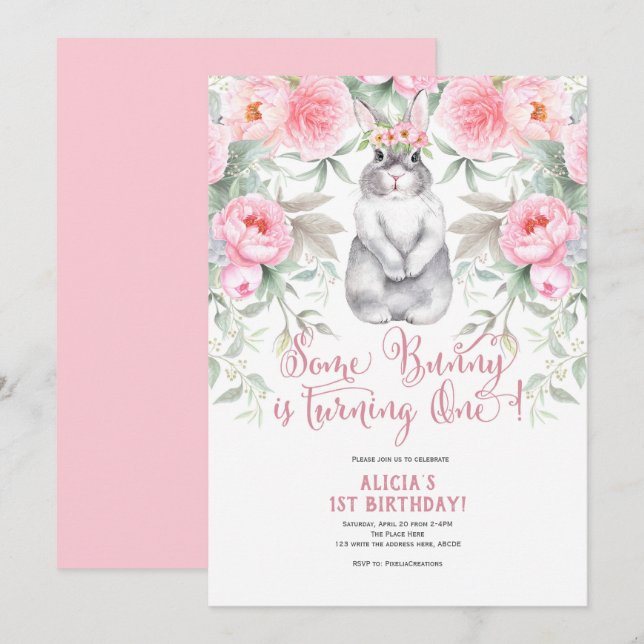 1st Birthday, Watercolor Flower, Some bunny is one Invitation (Front/Back)