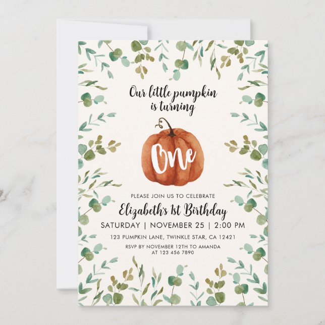 1st Birthday Watercolor Pumpkin & Eucalyptus Invitation (Front)