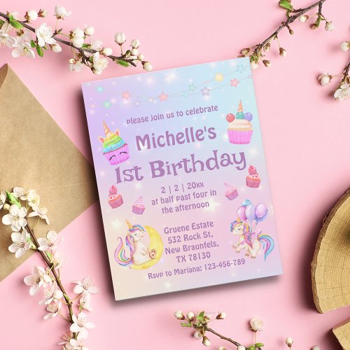 1st birthday watercolor unicorns cupcakes purple   invitation