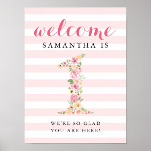1st Birthday Welcome Sign Pink Watercolor Florals
