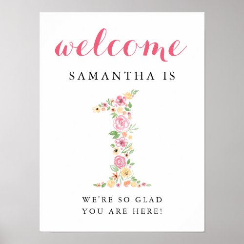 1st Birthday Welcome Sign Pink Watercolor Florals