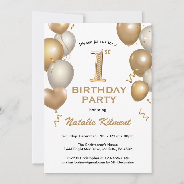 1st Birthday White and Gold Glitter Balloons Invitation (Front)