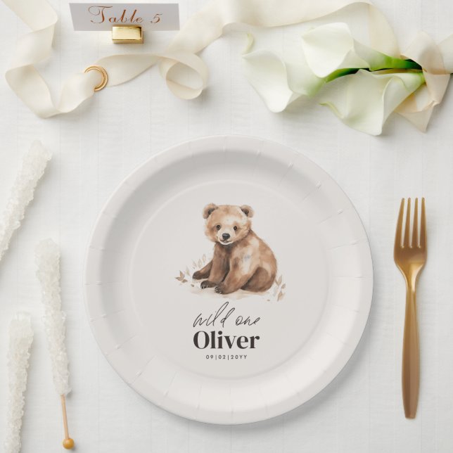 1st Birthday Wild One bear modern elegant party Paper Plates (Wedding)