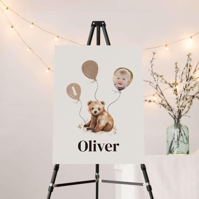 1st Birthday Wild One bear modern elegant photo Foam Board (In Situ (Stand))