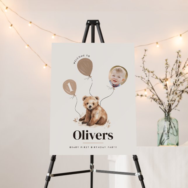 1st Birthday Wild One bear modern elegant photo Foam Board (In Situ (Stand))