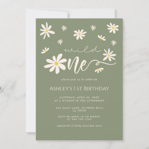1st Birthday Wild One Daisy Boho Green Invitation