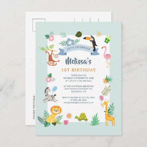 1st Birthday Wild One Jungle Animals Theme Party Invitation Postcard