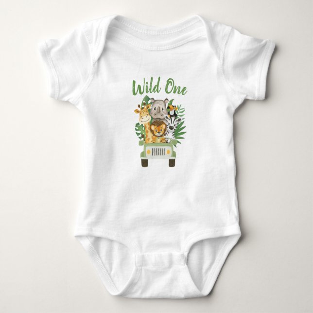 1st Birthday Wild One Jungle Safari Animals in car Baby Bodysuit (Front)