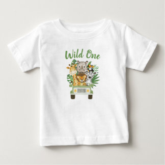 1st Birthday Wild One Jungle Safari Animals in car Baby T-Shirt
