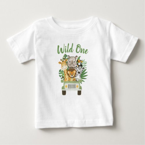 1st Birthday Wild One Jungle Safari Animals in car Baby T_Shirt