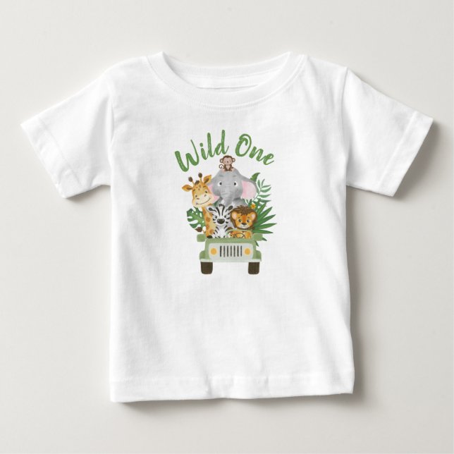 1st Birthday Wild One Jungle Safari Animals in car Baby T-Shirt (Front)