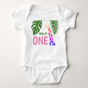 1st Birthday Wild One Pink Giraffe Safari Jungle Baby Bodysuit
