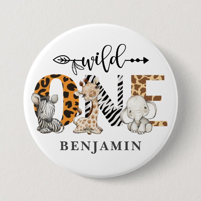 1st Birthday Wild One Safari Animals Themed Button (Front)