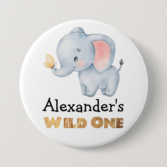 1st Birthday Wild One Safari Elephant Themed Button (Front)