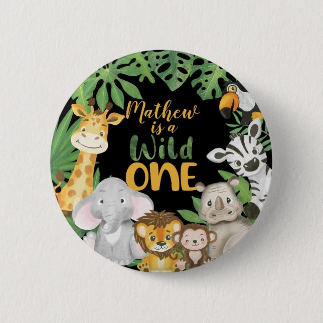1st Birthday Wild One Safari Jungle Themed Button (Front)