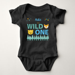 1st Birthday Wild One Woodland Animal Boys Blue Baby Bodysuit