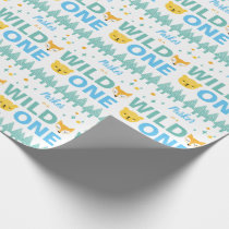 1st Birthday Wild One Woodland Animals Blue Boys Wrapping Paper