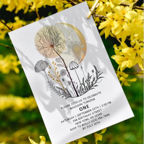 1st Birthday Wildflower Celestial Girl Modern Invitation