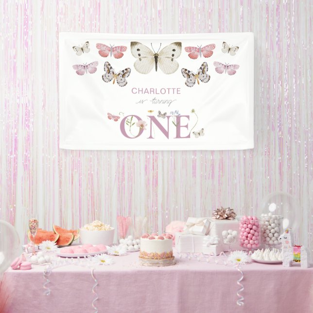 1st Birthday Wildflower Is Turning One Butterflies Banner (Party)