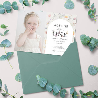 1st Birthday Wildflower Theme Floral Girl Photo Invitation