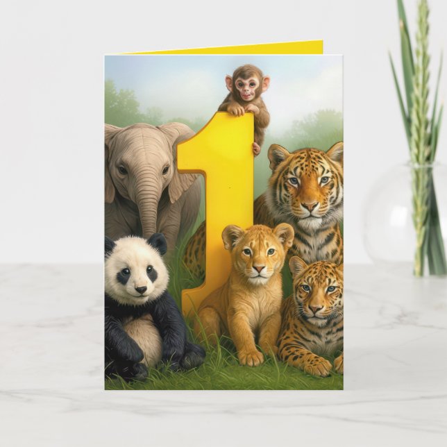 1st Birthday Wildlife Animal Babies Card (Front)
