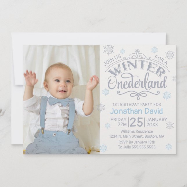 1st Birthday Winter Onederland Silver Blue Photo Invitation (Front)
