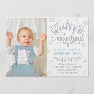 1st Birthday Winter Onederland Silver Blue Photo Invitation