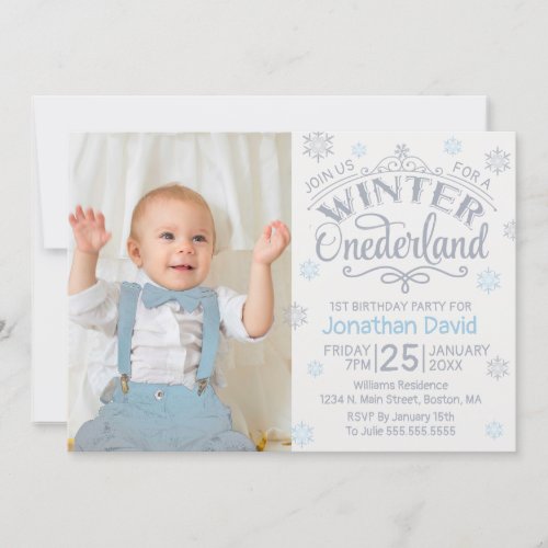 1st Birthday Winter Onederland Silver Blue Photo Invitation