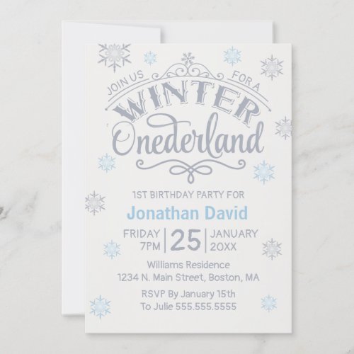 1st Birthday Winter Onederland Silver Snowflakes B Invitation