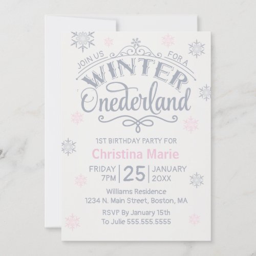 1st Birthday Winter Onederland Silver Snowflakes Invitation