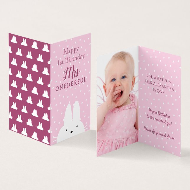 1st Birthday Winter Pink Bunny & Snowflakes Photo (Inside and Outside)