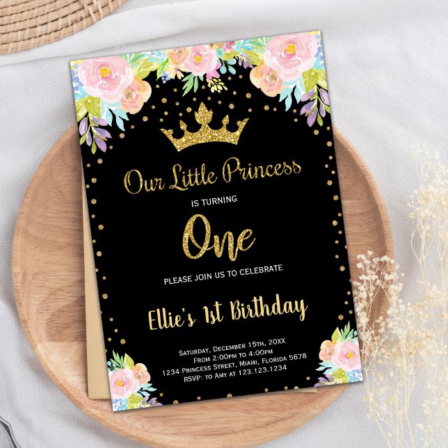 1st Black Floral Princess Birthday Invitation (1st Black Floral Princess Birthday Invitation)