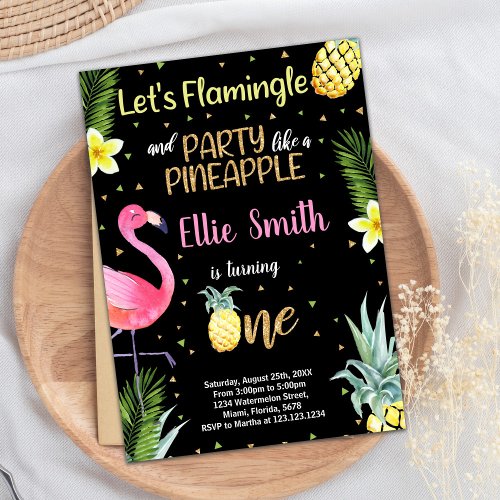 1st Black Glitter Flamingo Pineapple Invitations