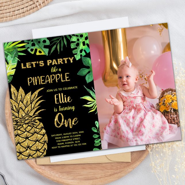 1st Black Golden Glitter Pineapple with photo Invitation (1st Black Golden Glitter Pineapple with photo Invitation)